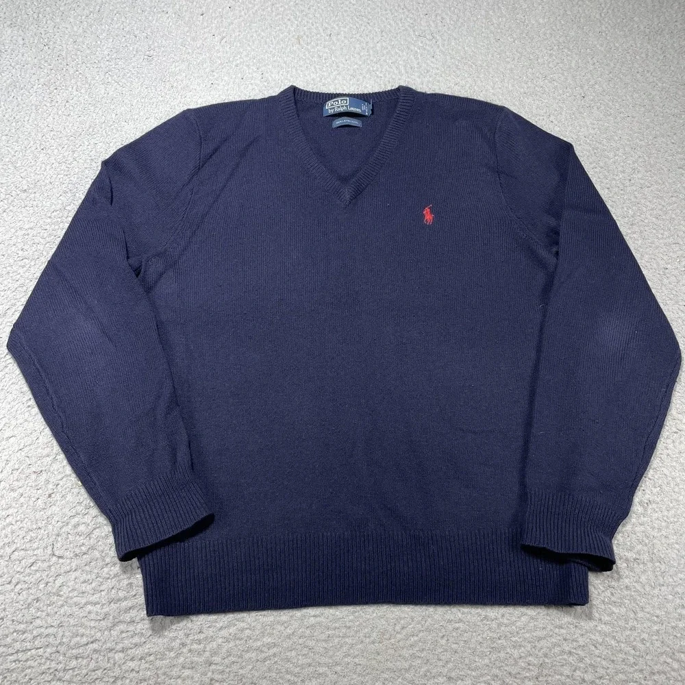 Polo Ralph Lauren Sweater Mens Large Blue Lambswool V Neck Pullover Pony Logo